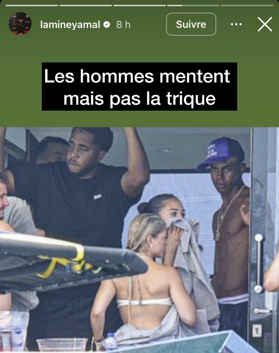 🚨💣 La dernière story énigmatique de Lamine Yamal 🤔

« Les hommes mentent mais pas la trique. »

📲 (Instagram)