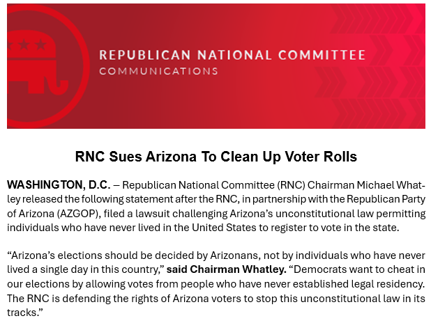 Michael Whatley (@chairmanwhatley) on Twitter photo Arizona Secretary of State Adrian Fontes is allowing people who have never even lived in the state to vote.
The RNC is working with the <a href="/AZGOP/">Republican Party of Arizona</a> to sue Fontes and defend Arizona rights and clean their voter rolls.
Only Arizonans should vote in Arizona elections. Plain and simple. Arizona Secretary of State Adrian Fontes is allowing people who have never even lived in the state to vote.
The RNC is working with the <a href="/AZGOP/">Republican Party of Arizona</a> to sue Fontes and defend Arizona rights and clean their voter rolls.
Only Arizonans should vote in Arizona elections. Plain and simple.