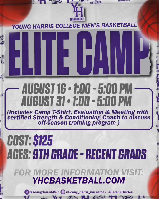 YHC_MBB's tweet image. Young Harris Elite Camp
🗓️ Aug 16 & Aug 31
⏰1pm - 5pm
📍 Young Harris College, GA
⭐️ Evaluated by our Coaching Staff❕
Simulated College Practice, Offensive/Defensive Instruction, 5-on-5 Games, and Campus & Facilities Tour. ⬇️ 👇
YHCBasketball.com