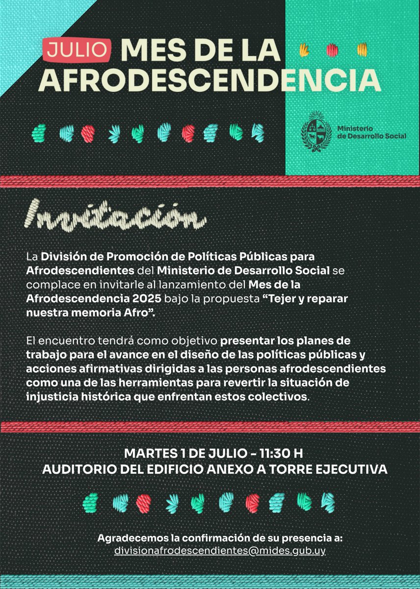 midesuy's tweet photo. ✊🏿Julio es el Mes de la Afrodescendencia y desde la División de Promoción de Políticas Públicas para Afrodescendientes tenemos el agrado de invitarles al lanzamiento de las actividades que se llevarán a cabo este 2025 bajo la consigna: “Tejer y reparar nuestra memoria Afro” (1/2) https://t.co/XUuRtA7tKq