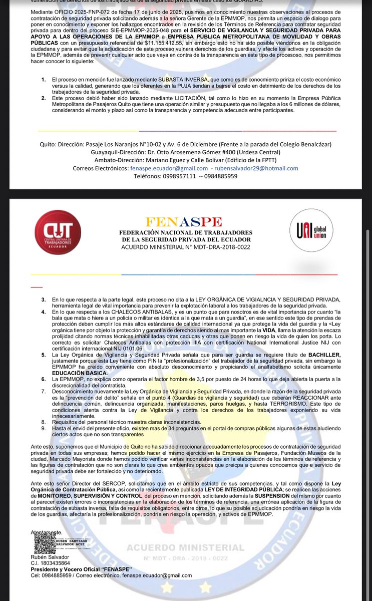 🔴🔴🔴
#ATENCION
Solicitamos a <a href="/SERCOPec/">SERCOP 🇪🇨</a> <a href="/JoseJulioNeira/">José Julio Neira</a> el monitoreo, control y supervisión del proceso para contratar Seg privada d <a href="/ObrasQuito/">Obras Quito</a> <a href="/MunicipioQuito/">Municipio de Quito</a> <a href="/pabelml/">Pabel Muñoz L.</a> y d ser el caso SUSPENSIÓN d proceso por evidentes inconsistencias⬇️⬇️⬇️
<a href="/quitohonesto/">Quito Honesto</a> 
@movilidadquito