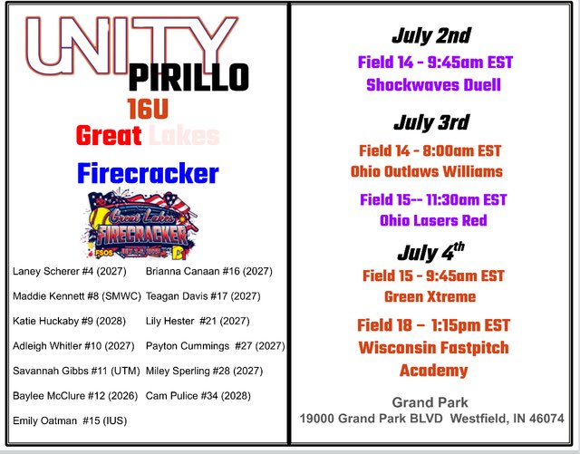 Brianna Canaan (@bri16softball) on Twitter photo Headed to Indianapolis this weekend for the Midwest Firecracker!! Here is our Schedule. Hope you can catch a game or two!
<a href="/Vol_Softball/">Tennessee Softball</a> <a href="/ButlerSoftball/">Butler Softball</a> <a href="/ZipsSB/">Akron Zips Softball</a> <a href="/IndianaSB/">Indiana Softball</a> <a href="/IndStSoftball/">Indiana State Softball</a> <a href="/PurdueSoftball/">Purdue Softball</a> <a href="/UTM_Softball/">UT Martin Softball</a> @NorteDamesoftball Headed to Indianapolis this weekend for the Midwest Firecracker!! Here is our Schedule. Hope you can catch a game or two!
<a href="/Vol_Softball/">Tennessee Softball</a> <a href="/ButlerSoftball/">Butler Softball</a> <a href="/ZipsSB/">Akron Zips Softball</a> <a href="/IndianaSB/">Indiana Softball</a> <a href="/IndStSoftball/">Indiana State Softball</a> <a href="/PurdueSoftball/">Purdue Softball</a> <a href="/UTM_Softball/">UT Martin Softball</a> @NorteDamesoftball