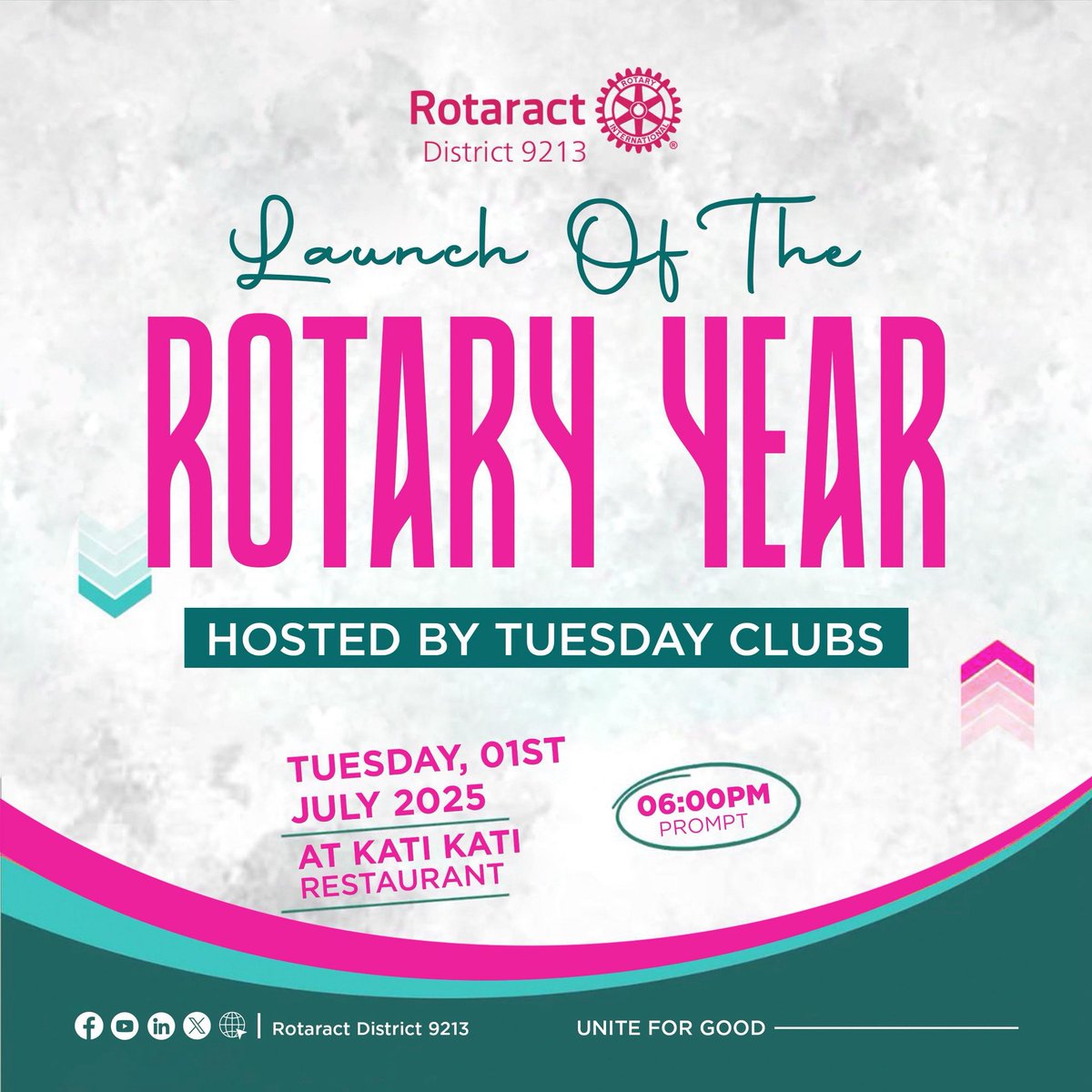 Rotaract Club of Kampala East (@rctkampalaeast) on Twitter photo ๐ Unite For Good ๐
Rotaract District 9213 kicks off the year in style and YOU are invited!
๐ Tuesday, 01st July 2025
๐ Kati Kati Restaurant
๐ 6:00 PM Prompt
๐ฅ Hosted by the Tuesday Clubs!
 โUnite for Good!โ ๐ซ
#uniteforgood 
#rctkampalaeast 
#rotary ๐ Unite For Good ๐
Rotaract District 9213 kicks off the year in style and YOU are invited!
๐ Tuesday, 01st July 2025
๐ Kati Kati Restaurant
๐ 6:00 PM Prompt
๐ฅ Hosted by the Tuesday Clubs!
 โUnite for Good!โ ๐ซ
#uniteforgood 
#rctkampalaeast 
#rotary