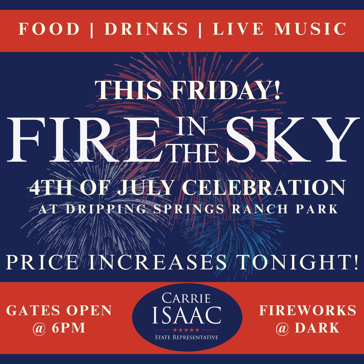 CarrieIsaac's tweet image. 🎆 12 HOURS LEFT! 🎆
Ticket prices for our Fire in the Sky celebration go up at MIDNIGHT! 🇺🇸
Join us this July 4th for an unforgettable evening of fireworks, food, and freedom with me and my and family!
🎟️ $25 → $35 at midnight
👨👩👧👦 Family Pack: $75 → $100
🔥 Includes VIP…