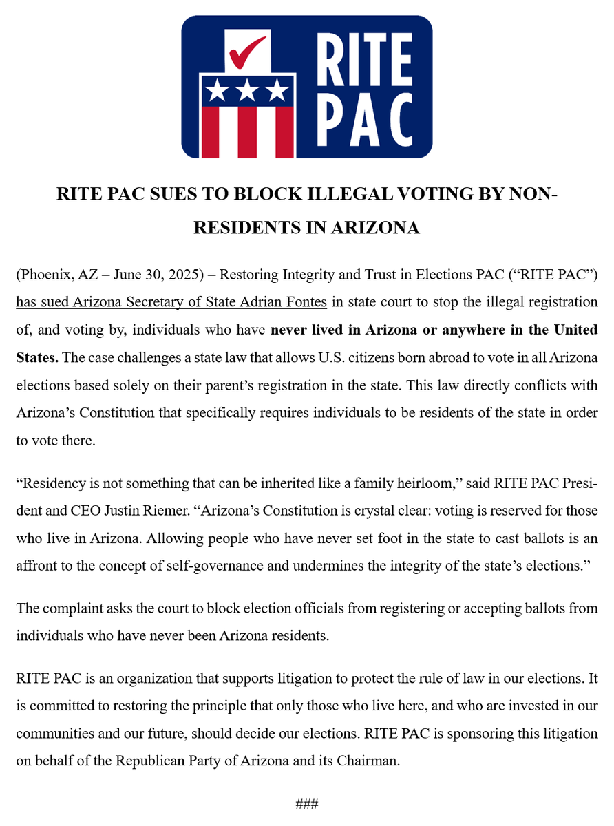 Restoring_USA's tweet image. RITE has sued the Secretary of State of Arizona to stop the illegal registration of, and voting by, individuals who have never lived in Arizona or anywhere in the United States.
People who have never set foot in a place should not cast ballots there.
