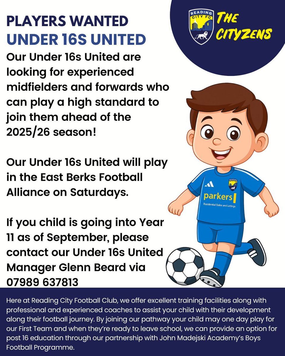 RCFC_Academy's tweet image. 👀 PLAYERS WANTED | Our #CityU16s United are on the lookout for experienced midfielders and forwards, who can play a high standard to join them ahead of the 2025/26 season!
Our Under 16s United will play in the East Berks Football Alliance.
Please contact Glenn if interested!