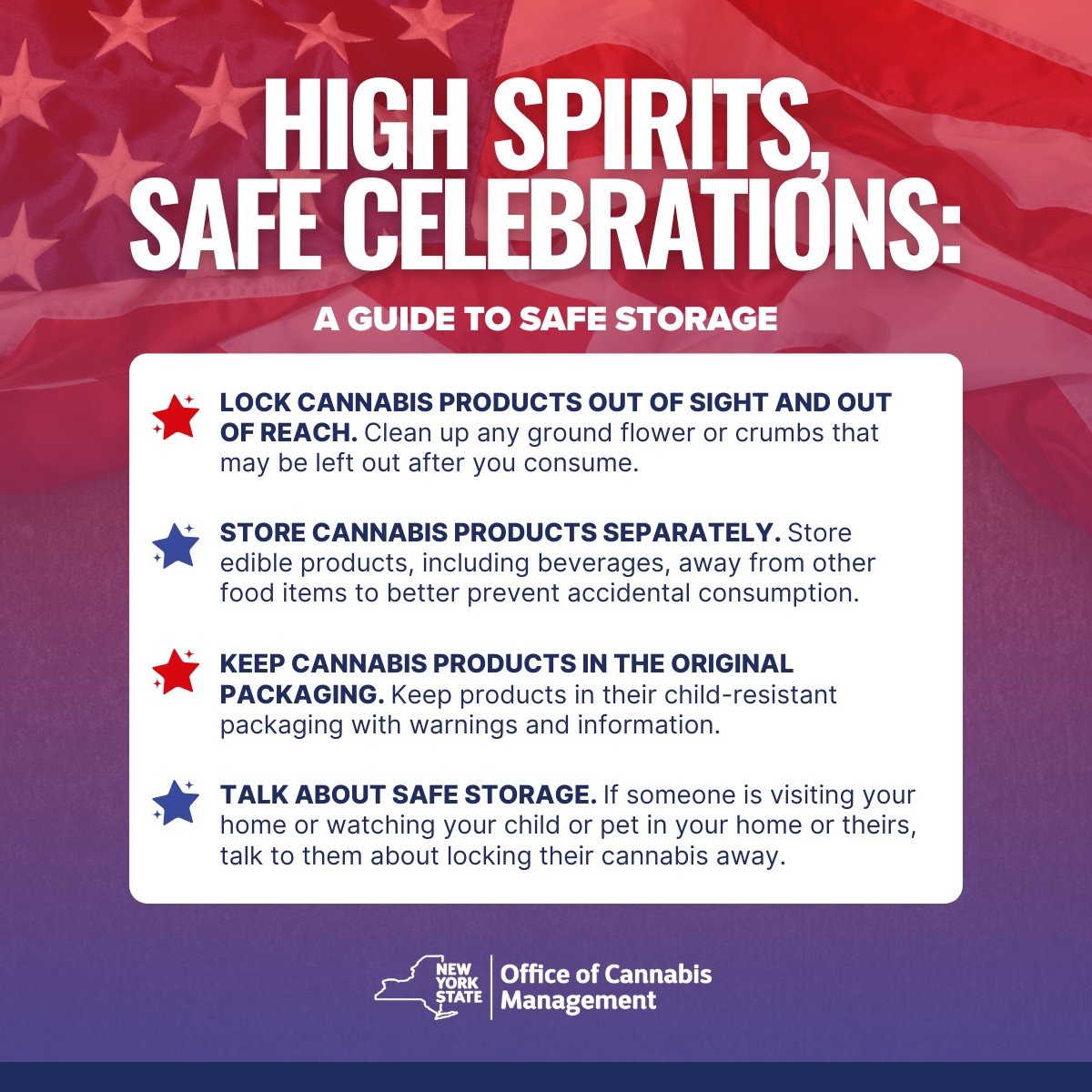 nys_cannabis's tweet image. 🎇 This Fourth of July, fireworks aren’t the only thing that need a safety plan.
Whether you’re lighting up the sky or lighting up with friends, make more informed choices:
✅ Store cannabis safely.
✅ Start low, go slow, and understand your limits.