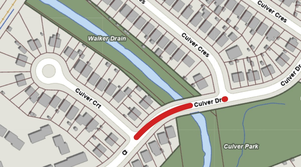 A culvert underneath Culver Drive, between Culver Court and Culver Crescent, has failed and damaged the road surface. As a result, Culver Drive is closed to all traffic until further notice. For more information, visit bit.ly/4lyPjSm