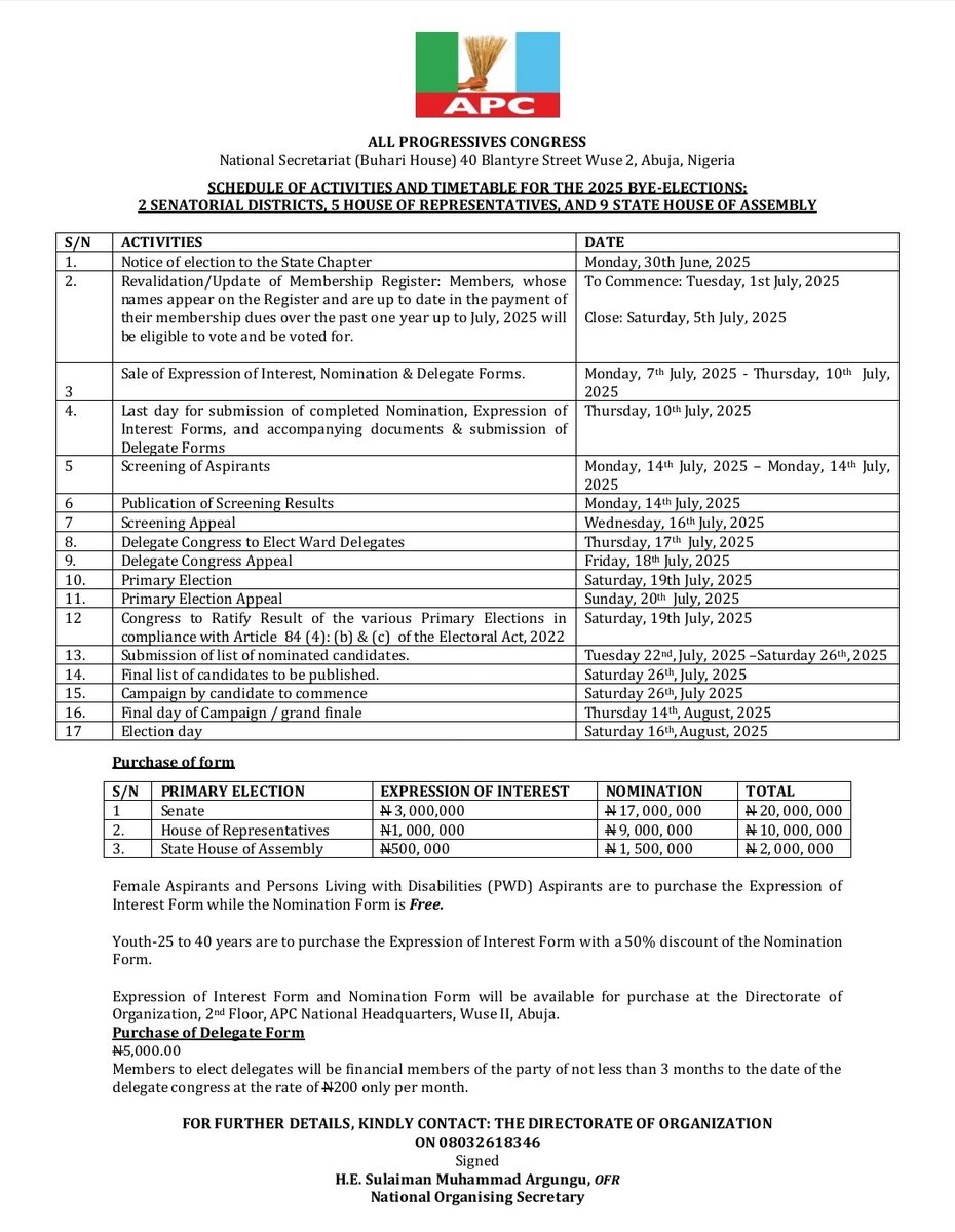 OfficialAPCNg's tweet photo. APC SCHEDULE OF ACTIVITIES AND TIMETABLE FOR THE 2025 BYE-ELECTIONS:

Two (2) Senatorial Districts 
Five (5) House of Representatives 
Nine (9) State House of Assembly https://t.co/dWj2epJvCJ