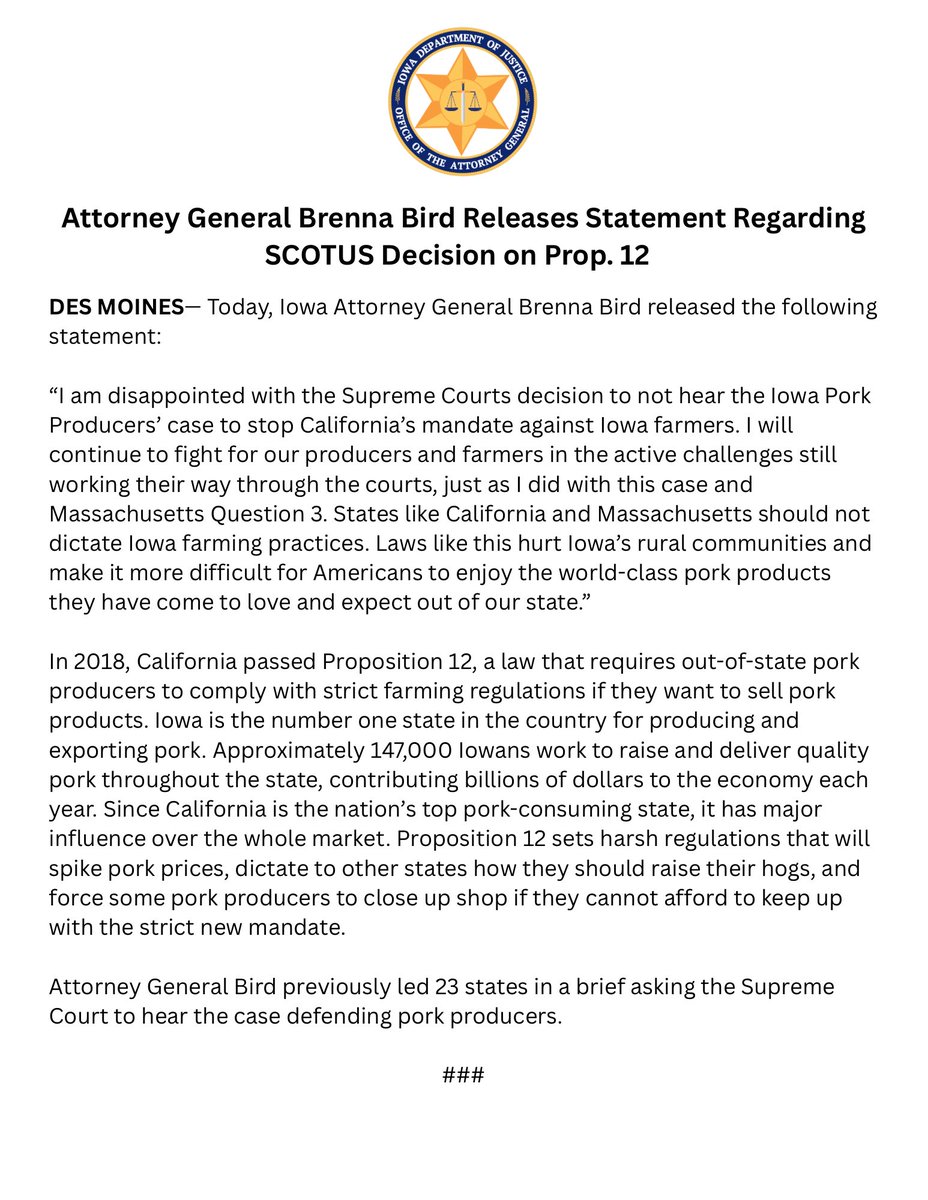 AGIowa's tweet image. I will continue to fight for our producers and farmers…just as I did with this case and Massachusetts Question 3. States like California and Massachusetts should not dictate lowa farming practices.