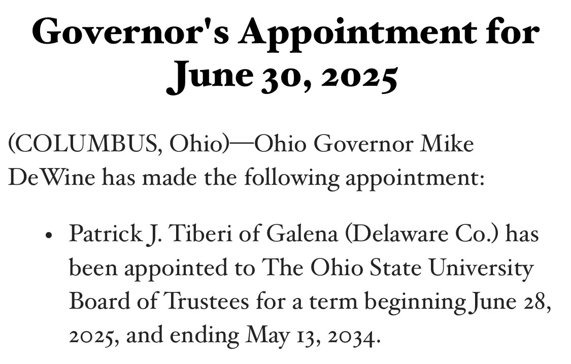 Nick Evans (@nckevns) on Twitter photo While we wait for <a href="/GovMikeDeWine/">Governor Mike DeWine</a>’s veto list, former congressman and current pres/CEO of the <a href="/ohiobrt/">Ohio Business Roundtable</a>, Pat Tiberi, is getting a spot on OSU’s board of trustees. While we wait for <a href="/GovMikeDeWine/">Governor Mike DeWine</a>’s veto list, former congressman and current pres/CEO of the <a href="/ohiobrt/">Ohio Business Roundtable</a>, Pat Tiberi, is getting a spot on OSU’s board of trustees.