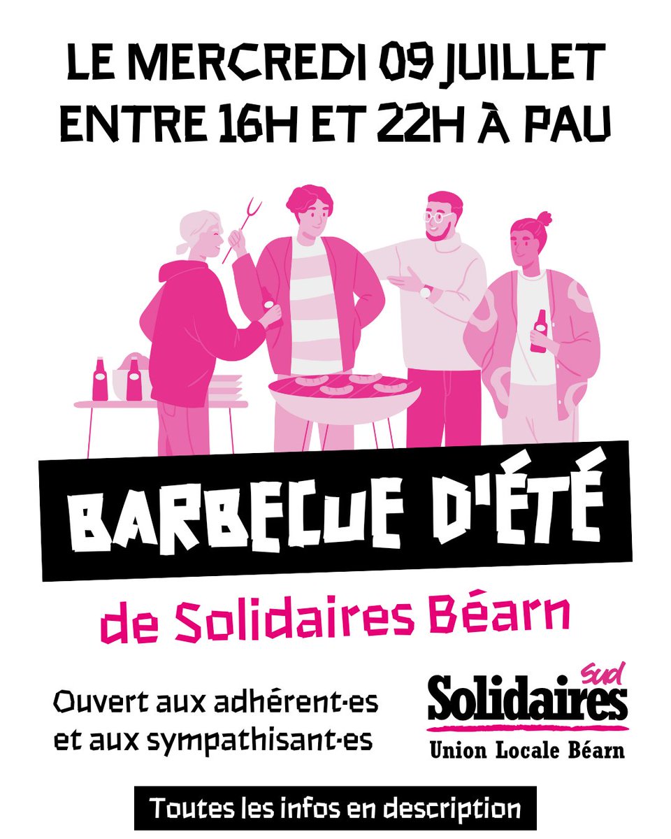 🌭 Pour fêter l'été, l'Union Locale Solidaires Béarn invite les adhérent·es et sympathisant·es Sud-Solidaires à partager un apéro/barbecue le mercredi 9 juillet à partir de 16h et jusqu'à 22h !