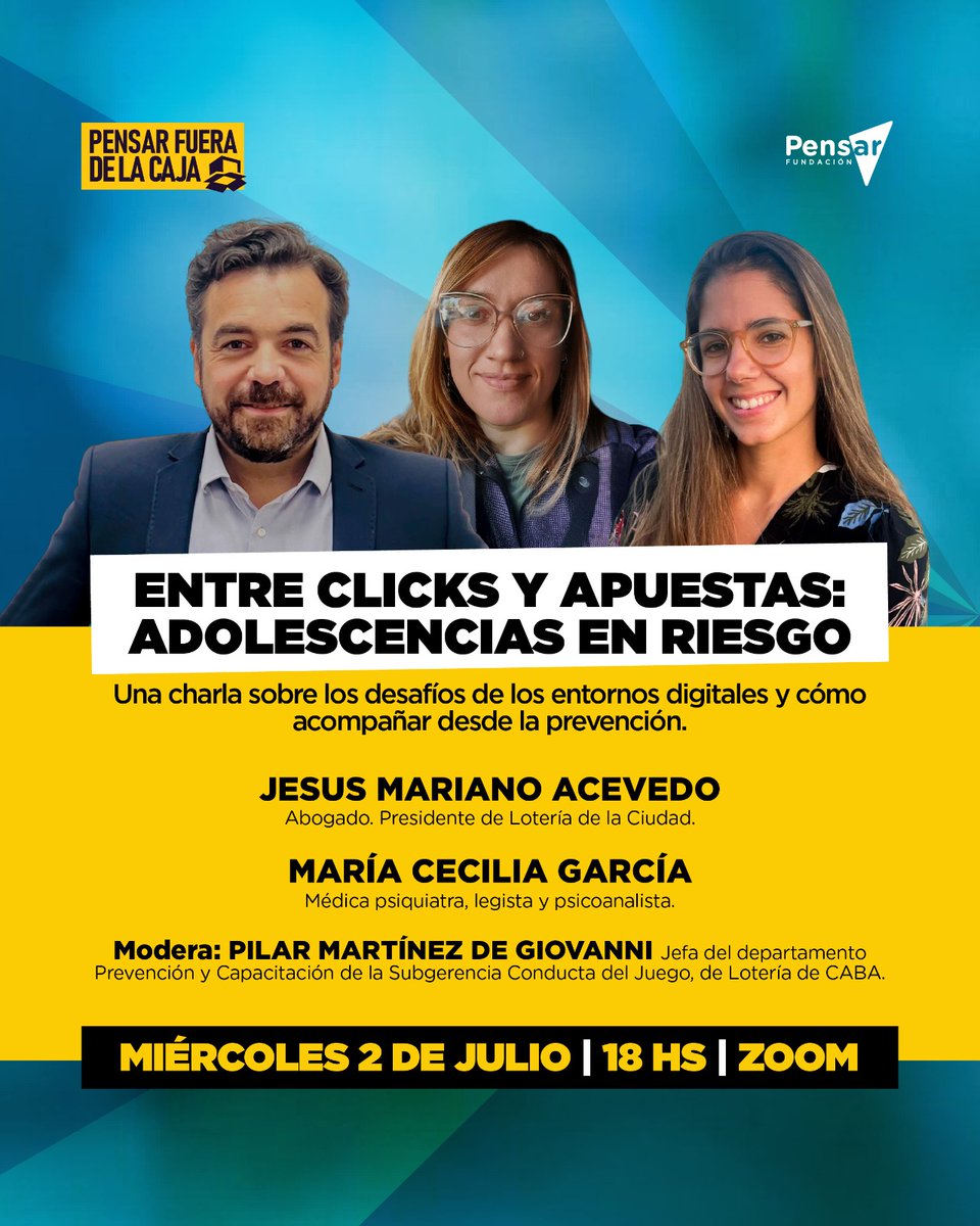 Fundación Pensar (@fpensar) on Twitter photo En el próximo encuentro; <a href="/jechuacevedo1/">Jechu Acevedo</a> , abogado, exasesor en derechos de infancias y en la Dirección General de Políticas de Juventud; María Cecilia García; médica psiquiatra, conversarán sobre los desafíos de los entornos digitales.
Inscribite acá: forms.gle/F9CNydnR3oTMc6… En el próximo encuentro; <a href="/jechuacevedo1/">Jechu Acevedo</a> , abogado, exasesor en derechos de infancias y en la Dirección General de Políticas de Juventud; María Cecilia García; médica psiquiatra, conversarán sobre los desafíos de los entornos digitales.
Inscribite acá: forms.gle/F9CNydnR3oTMc6…