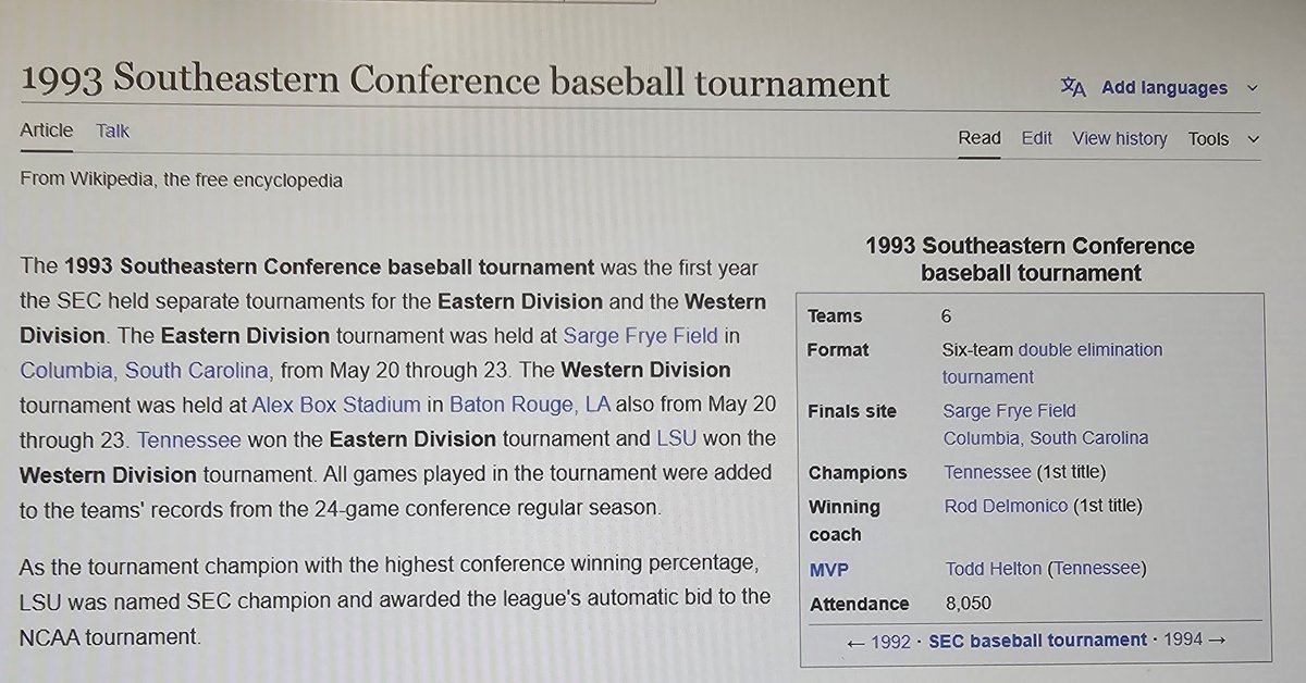 yums8062's tweet photo. @geauxsohard @LaCobra225 @LSUbaseball SEC Tourney structure was different then.

Same thing happened in 1994, but it doesn't say who outright won it in 1994 on Wiki. https://t.co/NClDGJtHyV