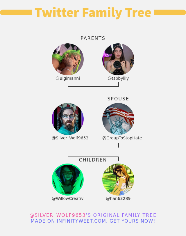 David Allen Wolf Rea (@silver_wolf9653) on Twitter photo 👨👩👧👦 My Twitter Family:
👫 Parents: <a href="/Bigimanni/">Aysian</a> <a href="/tsbbylily/">trans lily</a>
👰 Spouse: <a href="/GroupToStopHate/">Dr. Independent, PhD</a>
👶 Children: <a href="/WillowCreativ/">Willow Creative</a> <a href="/han63289/">THOMAS CHARLES</a>
➡️ infinityweet.com/family-tree 👨👩👧👦 My Twitter Family:
👫 Parents: <a href="/Bigimanni/">Aysian</a> <a href="/tsbbylily/">trans lily</a>
👰 Spouse: <a href="/GroupToStopHate/">Dr. Independent, PhD</a>
👶 Children: <a href="/WillowCreativ/">Willow Creative</a> <a href="/han63289/">THOMAS CHARLES</a>
➡️ infinityweet.com/family-tree