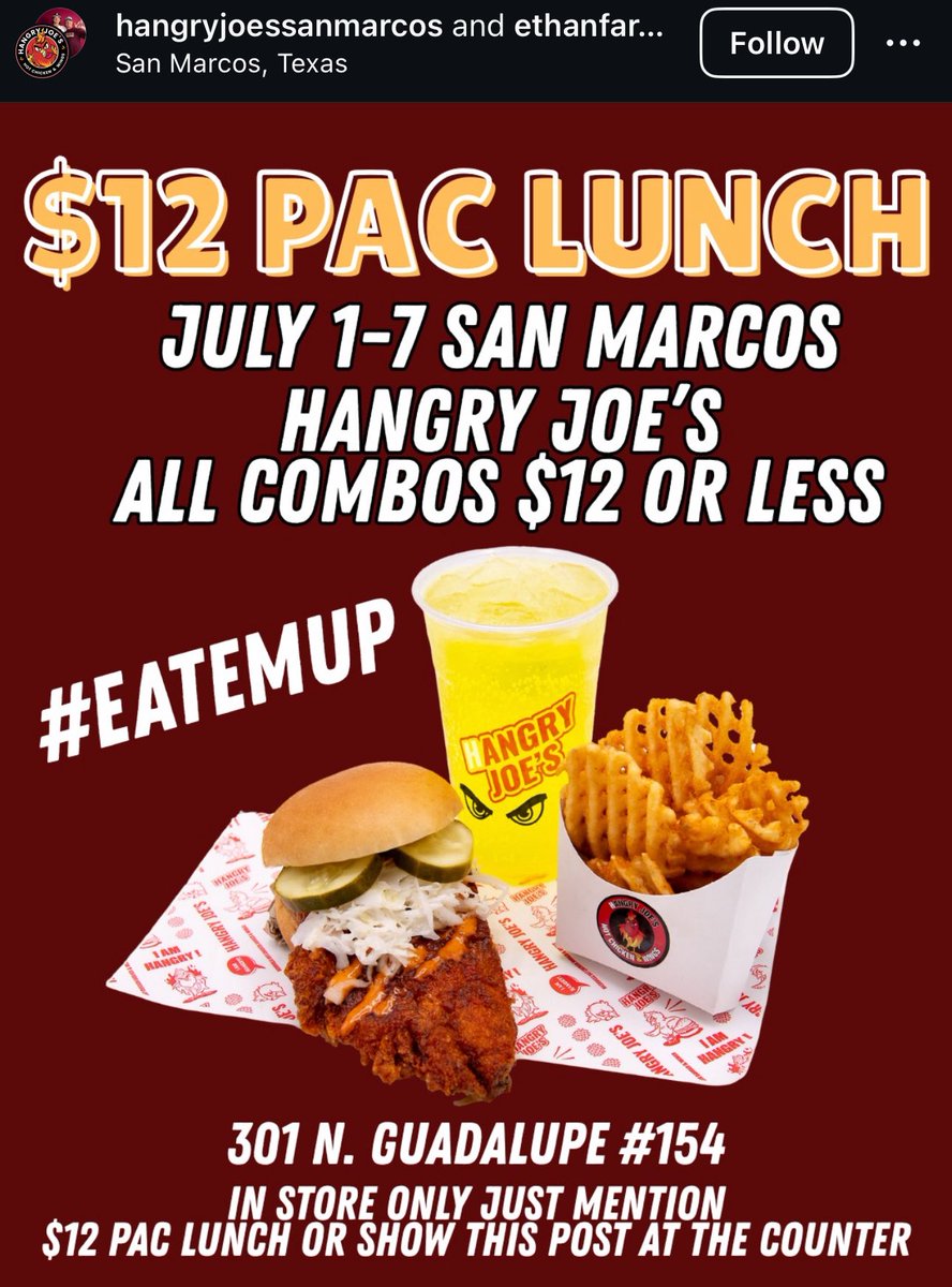 $12 PAC lunch at <a href="/HangryJoesSM/">Hangry Joe's San Marcos</a> ‼️