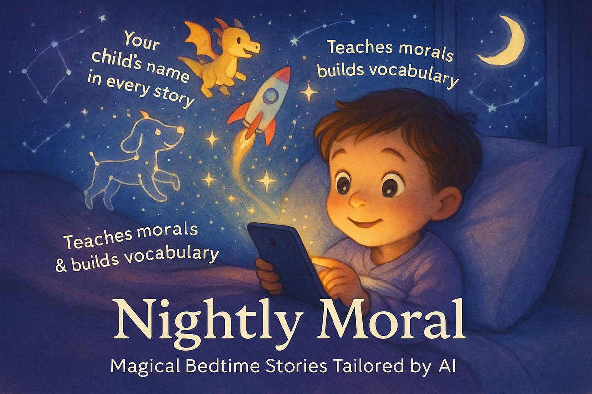 RealJoseZuma's tweet image. We just submitted Nightly Moral!
A beautiful AI-powered app that creates bedtime stories tailored to your child — with their name, favorite themes, and a life lesson at the end.
It’s not just storytelling — it’s an emotional nightly ritual.
Voice, custom art, morals, all…