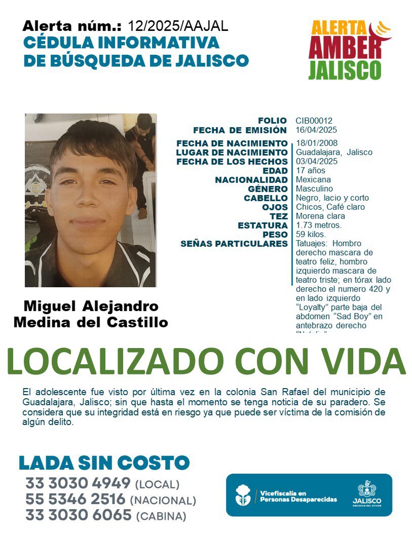 Agradecemos tu apoyo: Miguel Alejandro Medina del Castillo ya fue localizado.