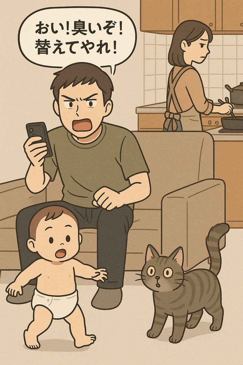 「おい臭いぞ…」

裁判になると、これが｢私もおむつ換えていました」や｢妻は育児放棄していました｣になることもある

#モラ夫
#モラハラ
#モラ夫バスター
#育児
#一コマ