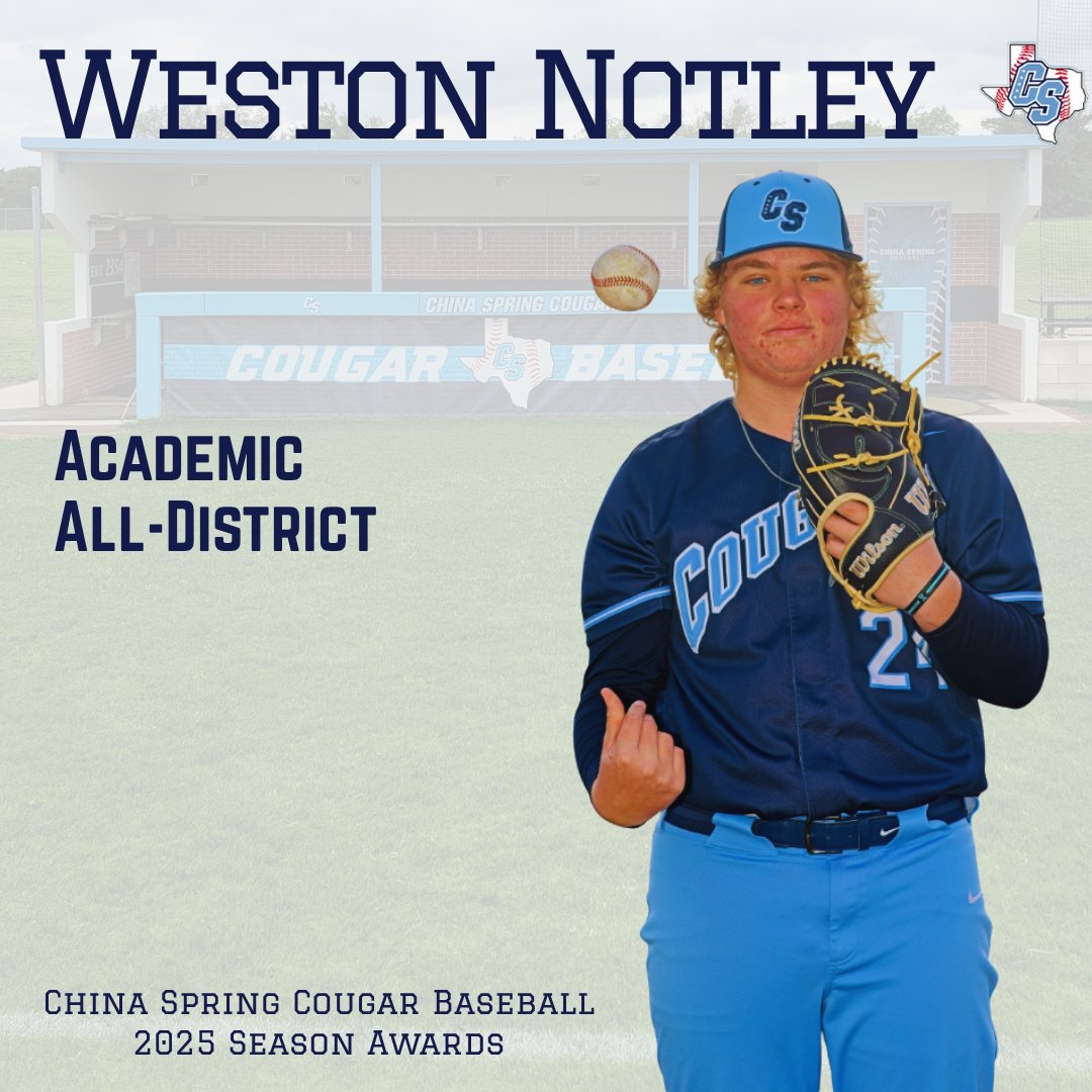 China Spring High School Baseball (@cscougbaseball) on Twitter photo Congrats on a Great Season Weston Notley!
@Westonnotley
#GoCougs
<a href="/4ATxHsBaseball/">4ATxHsBaseball</a> <a href="/CoryBeckham5/">Cory Beckham</a> <a href="/Mikeyv323/">Michael Villarreal 🏈🏀⚾</a> <a href="/CoachLessman44/">Josh Lessman</a> <a href="/KWKTFOX44/">KWKT FOX 44</a> <a href="/kwtxsports/">KWTX Sports</a> <a href="/25SportsKXXV/">25 Sports</a> <a href="/WacoTribSports/">WacoTrib Sports Dept</a> <a href="/6NewsCTX/">KCENNews</a> <a href="/cscougarsports/">China Spring Athletic Booster Club</a> <a href="/sydney_wicker/">syd</a> <a href="/parker_rehm/">Parker Rehm</a> <a href="/chadvautherine/">Chad Vautherine</a> <a href="/ShahjiAdam/">Shahji Adam</a> <a href="/Cayden_Cox05/">Cayden Cox</a> Congrats on a Great Season Weston Notley!
@Westonnotley
#GoCougs
<a href="/4ATxHsBaseball/">4ATxHsBaseball</a> <a href="/CoryBeckham5/">Cory Beckham</a> <a href="/Mikeyv323/">Michael Villarreal 🏈🏀⚾</a> <a href="/CoachLessman44/">Josh Lessman</a> <a href="/KWKTFOX44/">KWKT FOX 44</a> <a href="/kwtxsports/">KWTX Sports</a> <a href="/25SportsKXXV/">25 Sports</a> <a href="/WacoTribSports/">WacoTrib Sports Dept</a> <a href="/6NewsCTX/">KCENNews</a> <a href="/cscougarsports/">China Spring Athletic Booster Club</a> <a href="/sydney_wicker/">syd</a> <a href="/parker_rehm/">Parker Rehm</a> <a href="/chadvautherine/">Chad Vautherine</a> <a href="/ShahjiAdam/">Shahji Adam</a> <a href="/Cayden_Cox05/">Cayden Cox</a>