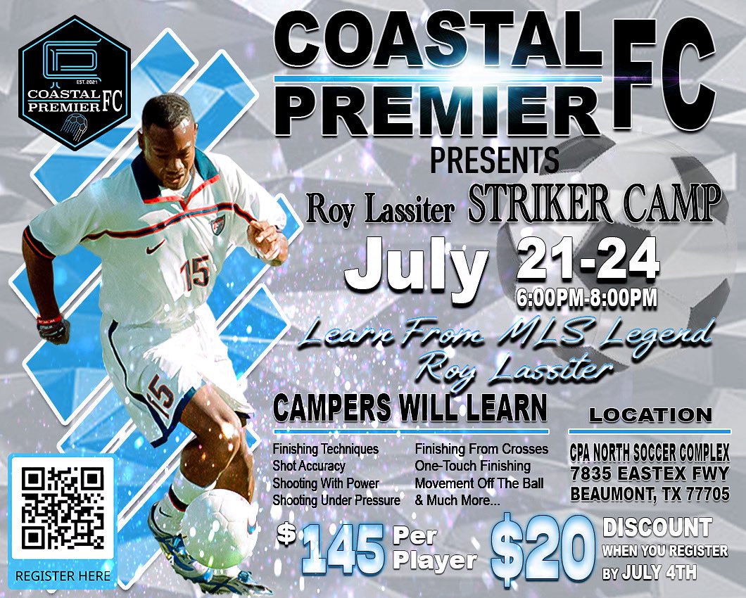 ‼️RESERVE YOUR SPOT TODAY FOR ROY LASSITER STRIKER CAMP‼️

Former U.S. Men's National Team player and MLS goal-scoring champion, Roy Lassiter, will share valuable insights from his professional playing career that helped him become one of the most prolific goal scorers in MLS
