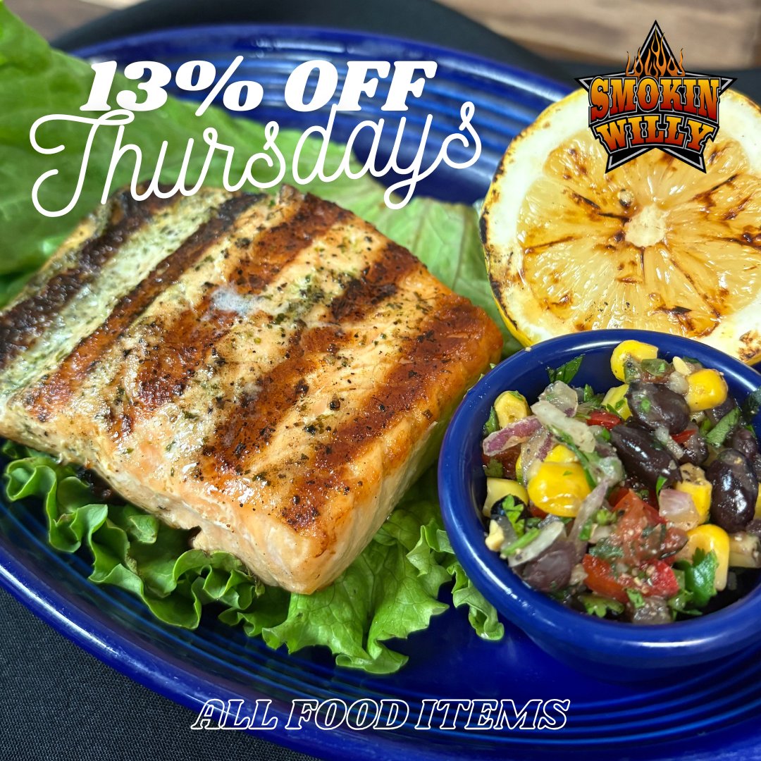 Who said Thursdays can’t be tasty AND a deal? 🎣💸 Enjoy 13% OFF all food items every Thursday. Whether you’re craving salmon, BBQ, or something in between—it’s the perfect day to treat yourself. Dine in or takeout only. 🚫 No DoorDash, drinks, or catering.