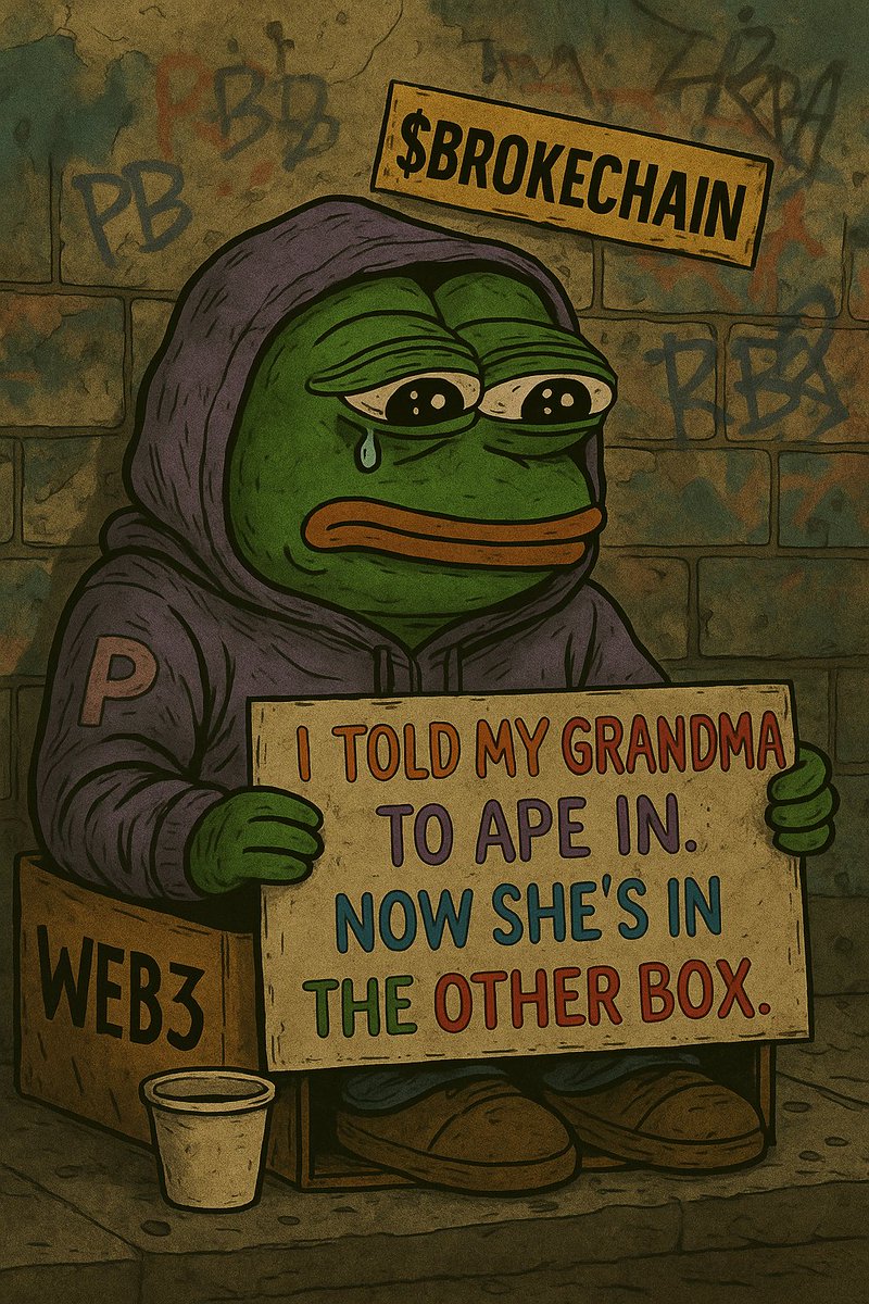 brokechaintoken's tweet photo. We bought green candles.
We held through red ones.
We told Grandma to ape.
Now we live in a cardboard box.
Join the broken. Cry responsibly.
#BrokeChain #Solana #memecoin #RugSurvivor #WeBegTogether ๐ชฆ https://t.co/tcfEW2kuTD