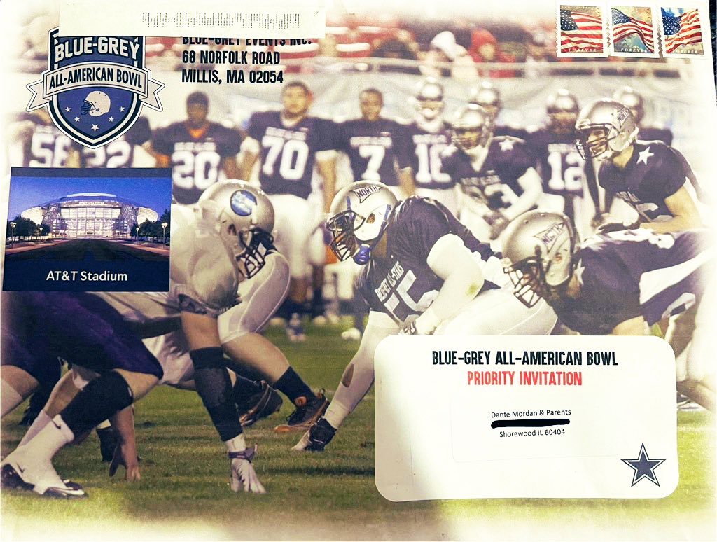 Dante_Mordan's tweet image. Thank you @BlueGreyFB for the official invitation to the Blue-Grey All-American Bowl! It’s an honor to be selected to represent the East squad. I hope to make it out to Dallas to compete on December 15th!
@Minooka_Indians @RecruitTheNook @Nook_Bloodline @MinookaStrength…