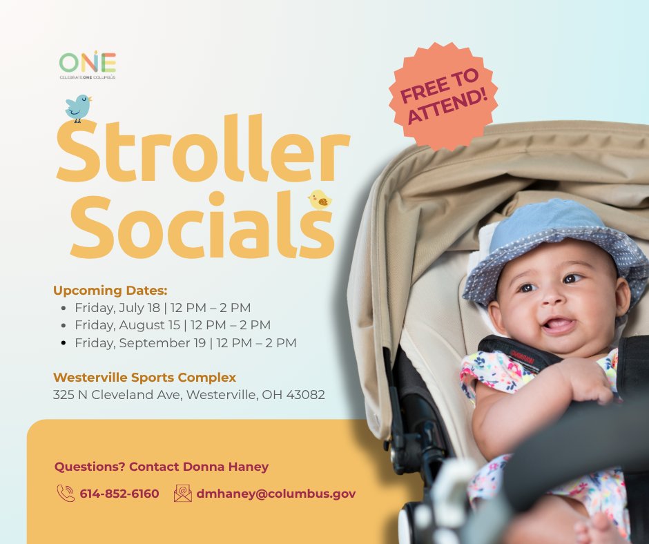 CelebrateOne (@celebrateone) on Twitter photo CelebrateOne invites you to join us for a fun and relaxing afternoon of walking, chatting, and connecting with other parents and caregivers.
Let's walk, talk, and play together!
Questions? Contact Donna at 614-852-6160 or dmhaney@columbus.gov
#StrollerSocial #CelebrateOne CelebrateOne invites you to join us for a fun and relaxing afternoon of walking, chatting, and connecting with other parents and caregivers.
Let's walk, talk, and play together!
Questions? Contact Donna at 614-852-6160 or dmhaney@columbus.gov
#StrollerSocial #CelebrateOne