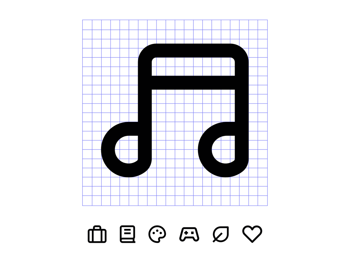 A few icons from our  Firefox Icon System, designed on a 20px grid with a 1.5px line weight:  Music Note, Travel Bag, Book, Palette, Game Controller, Leaf, Heart 🦊✨