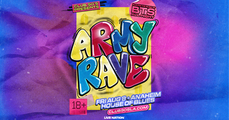 ARMY! Friday 8/8, <a href="/Club90sLA/">Club 90's</a> presents the biggest BTS party ever. Dance to them all night, with a sprinkle of solo anthems from the boys. 

Presale: TODAY (6/30) @ 12 PM (PW: TREBLE)
On Sale: WEDNESDAY (7/2) @ 10 AM Local 
🔗: livemu.sc/4nofhK1