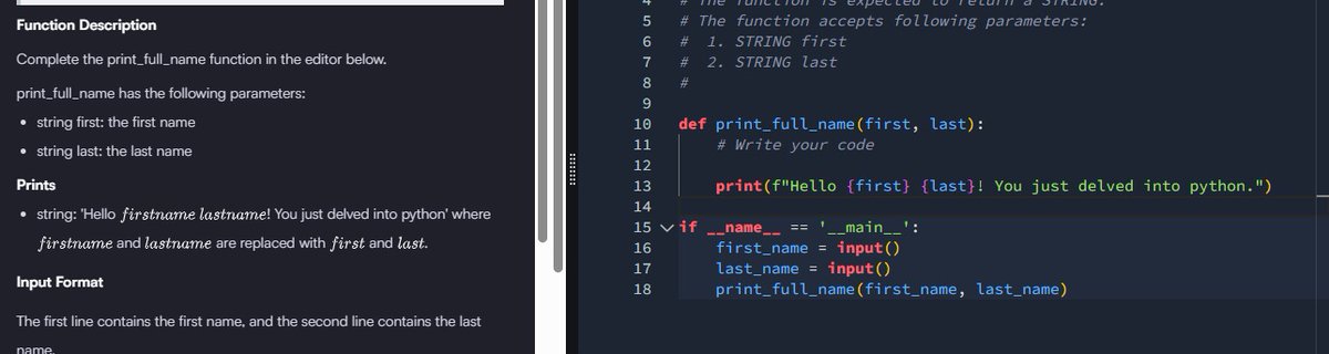 EngimaNeuron163's tweet image. Day 09 #100daysofcoding
 Solved two  problems 
1️⃣ Replace spaces with hyphens cleanly using .split() and .join().
2️⃣ Print “Hello first last! You just delved into python.” using function parameters and f-strings.

#Python #HackerRank #Day9 #CodeNewbie #LearningByDoing
