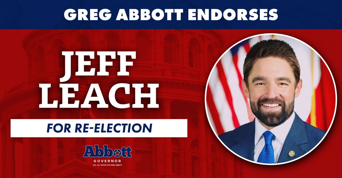 AbbottCampaign's tweet image. Governor @GregAbbott_TX today endorsed @leachfortexas for re-election to HD 67!
“Jeff Leach is a conservative leader who gets results. He passed Trey’s Law to protect vulnerable children and delivered legislation to empower parents and support educators." -Governor Abbott
