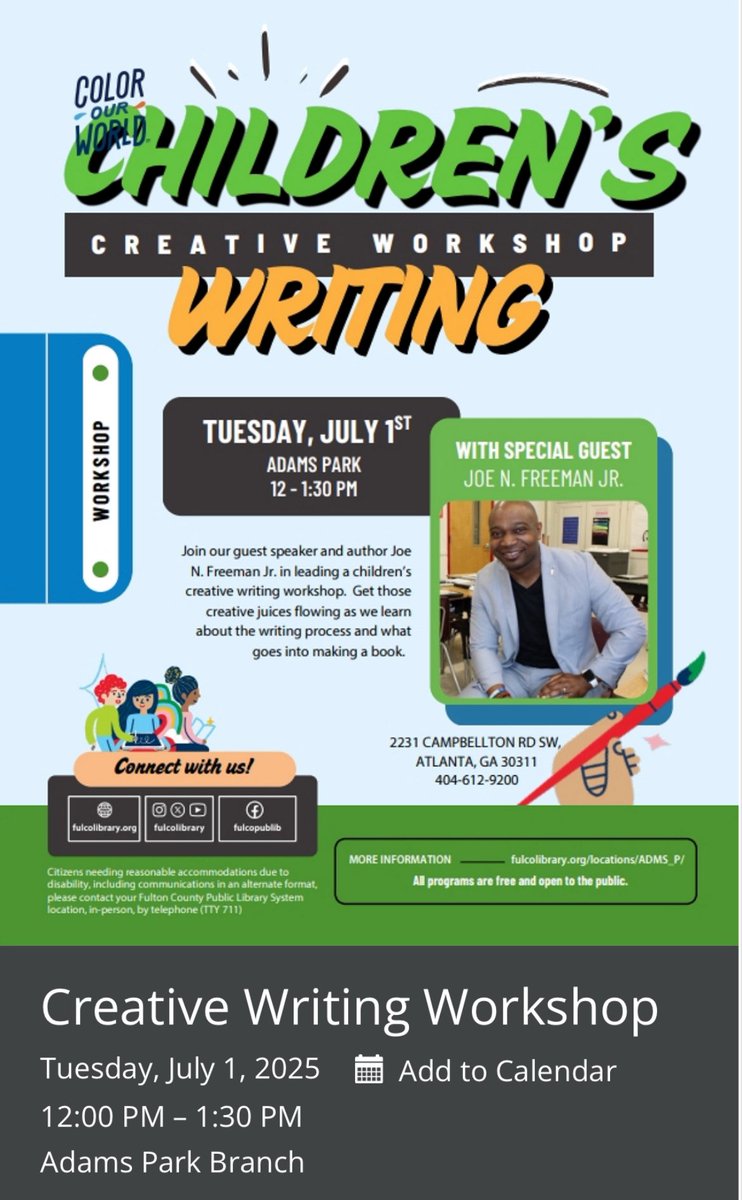 Joe Freeman (@jofreeman) on Twitter photo Tell a friend to tell a friend to join me from 12:30-1:30 at Adam’s Park library for my Children’s Creative Writing Workshop.
“Once you learn to read & write you will be forever free.”- Frederick Douglass <a href="/apsupdate/">ATL Public Schools</a> Tell a friend to tell a friend to join me from 12:30-1:30 at Adam’s Park library for my Children’s Creative Writing Workshop.
“Once you learn to read & write you will be forever free.”- Frederick Douglass <a href="/apsupdate/">ATL Public Schools</a>