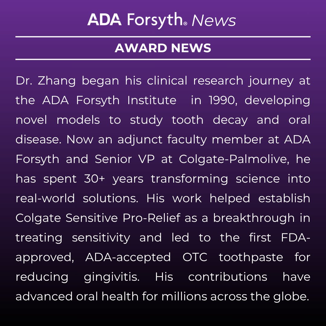 ForsythResearch's tweet image. Congratulations to ADA Forsyth adjunct faculty member Yun-Po Zhang, DDS, PhD, on receiving the 2025 @IADR Distinguished Scientist Award in Pharmacology, Therapeutics & Toxicology!
@Colgate @IADR
Learn more: forsyth.org/yun-po-zhang-i…