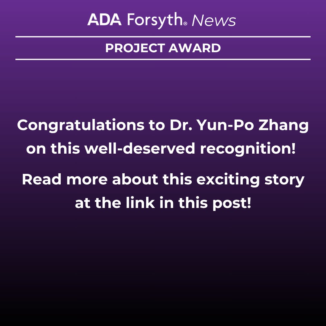 ForsythResearch's tweet image. Congratulations to ADA Forsyth adjunct faculty member Yun-Po Zhang, DDS, PhD, on receiving the 2025 @IADR Distinguished Scientist Award in Pharmacology, Therapeutics & Toxicology!
@Colgate @IADR
Learn more: forsyth.org/yun-po-zhang-i…