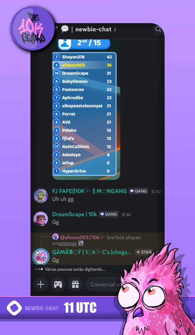 the10kSquad's tweet image. Day 172 of The 10k Squad taking over Monad&apos;s newbie chat. Special shout-out to: @a_aphrodiite 

THE BIG WEEK HAS STARTED!

Every day, at 11:00 UTC and 18:00 UTC we will be in #newbie-chat of @monad_xyz discord to welcome Monad newcomers and bring the vibe. Everyone is welcome!
