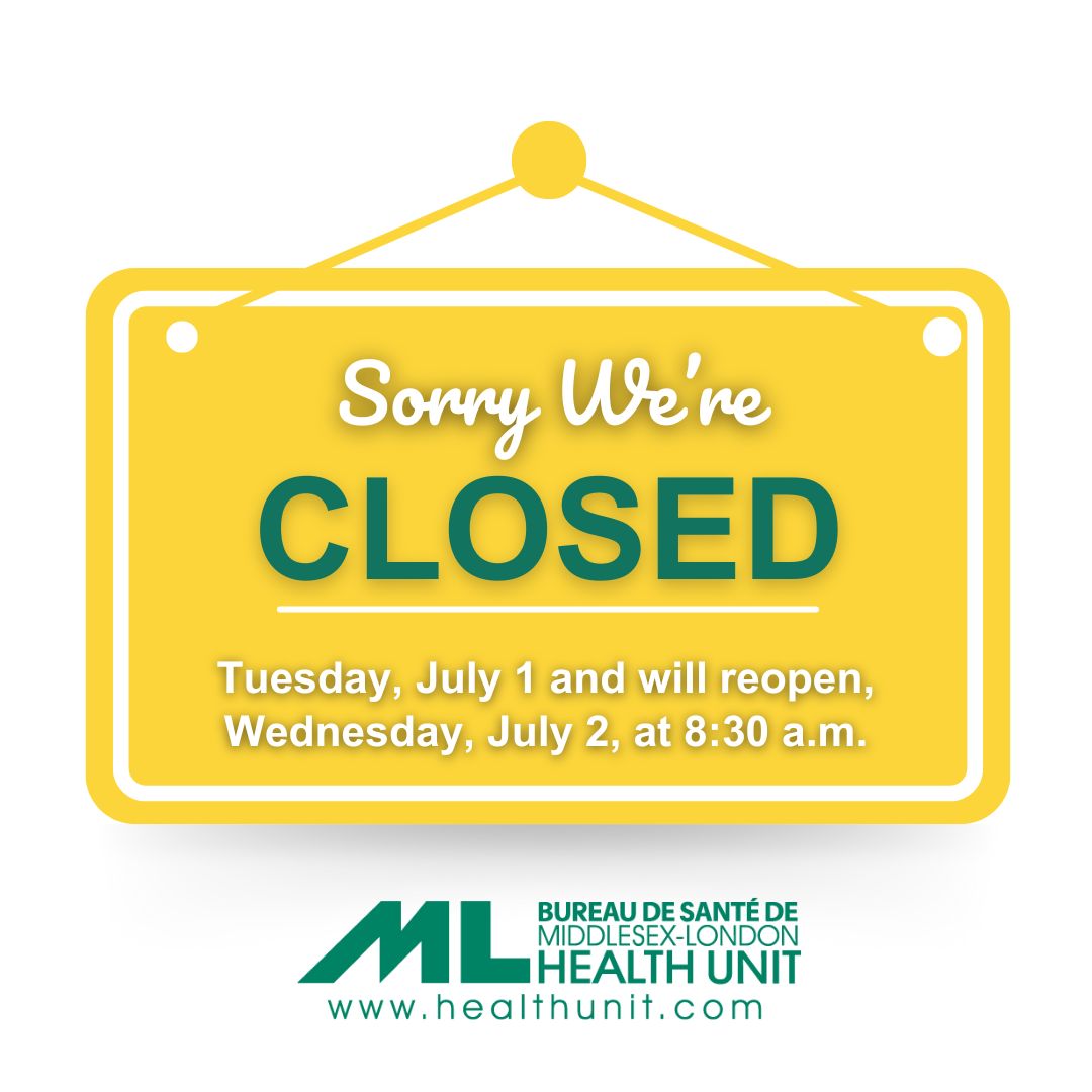 The Middlesex-London Health Unit's offices and clinics in London and Strathroy will be closed Tuesday, July 1, 2025, to observe the Canada Day Holiday. We will reopen Wednesday, July 2, at 8:30 AM. 
.
.
#MLHU #LondonOnt #MiddlesexCounty