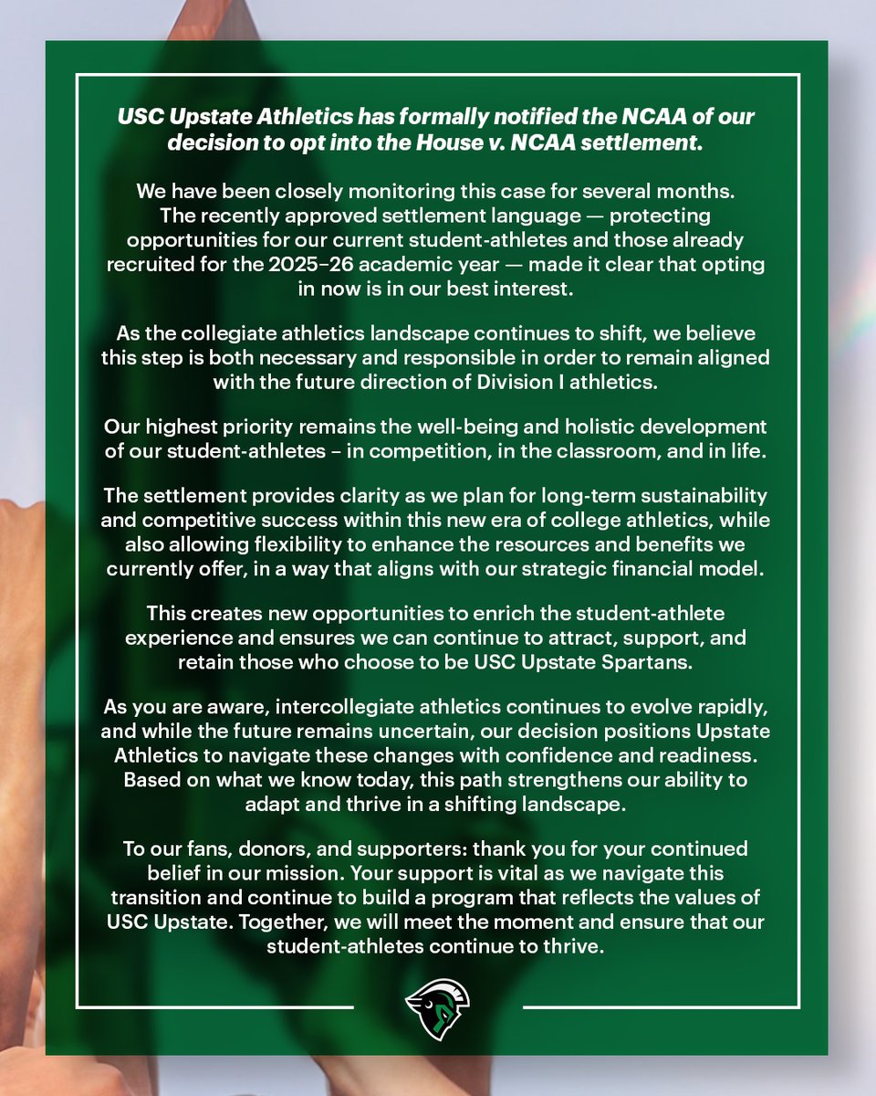 USC Upstate Athletics has formally notified the NCAA of our decision to opt into the House v. NCAA settlement.

🔗: brnw.ch/21wTNkV

#SpartanArmy ⚔️
