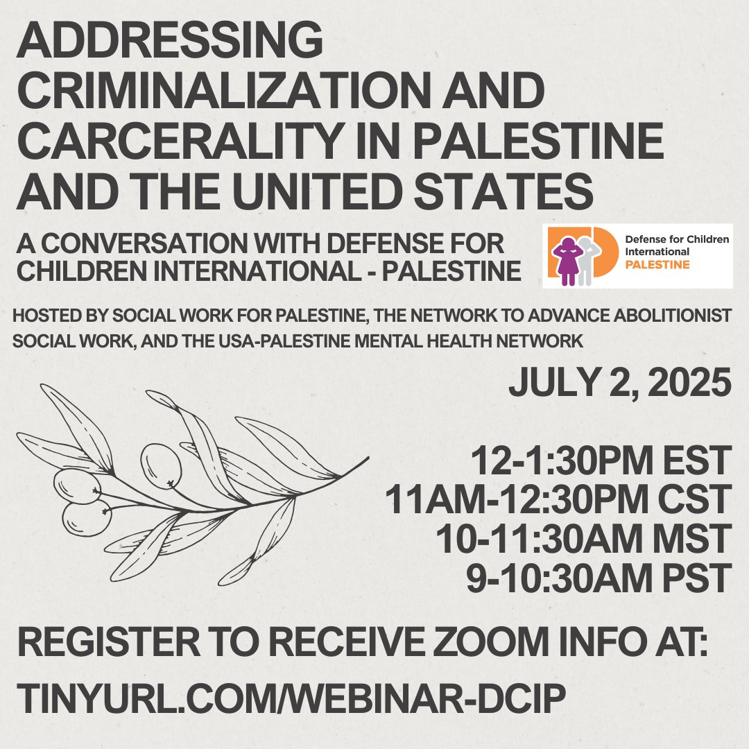 DCIPalestine's tweet image. On Wednesday, join this webinar to discuss the experiences of criminalization experienced by Palestinian children and adults in conversation with abolitionist social work in the United States. Sign up here: tinyurl.com/webinar-dcip
