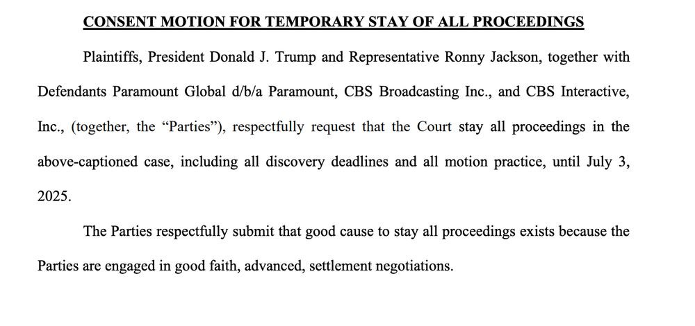 adamsteinbaugh's tweet image. Trump and CBS request a stay of the proceedings in Trump's lawsuit, citing "advanced" settlement negotiations.