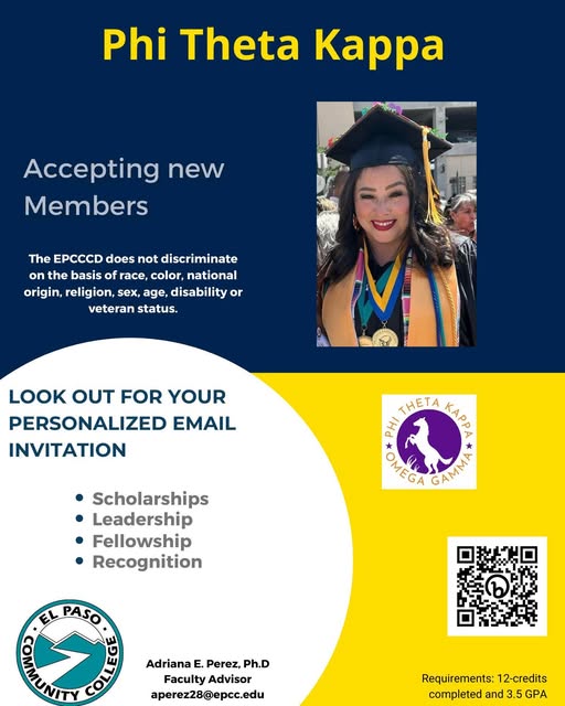 Look out for your personalized email invitation for Phi Theta Kappa. For more info, email aperez28@epcc.edu or visit epcc.edu/Services/Campu…
#EPCCpride