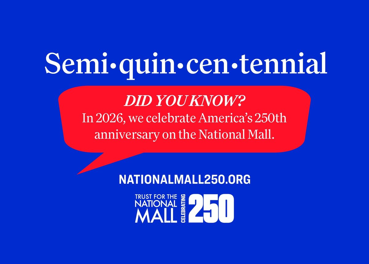 TheNationalMall's tweet image. Did you know America’s Semiquincentennial is just over 1 year away? July 4, 2026 marks 250 years of American independence. 
The countdown is ON. We're leading a campaign with our partners at @NationalMallNPS. JOIN US to be a part of history at NationalMall250.org.