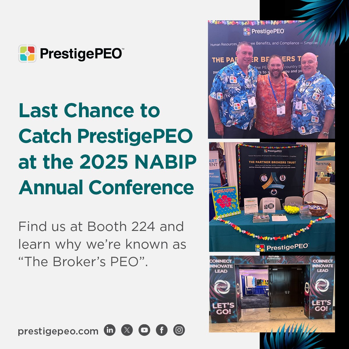 PrestigePEO's tweet image. Last chance to catch PrestigePEO at the 2025 @nabipsocial Annual Conference
We're here through July 1st; stop by to meet Brian Dolan & Tom Flavin, grab some swag, & see how we support brokers with standout benefits and service.
Let's talk strategy!
#PEO #EmployeeBenefits