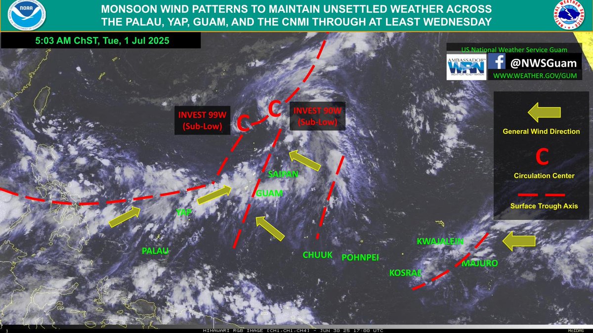 NWSGuam's tweet image. A moist southwesterly monsoon flow will keep the weather active for Palau, Yap, Guam, and the CNMI. This wind flow will maintain high moisture values across the region, with locally heavy rainfall possible from time to time. #GUWX