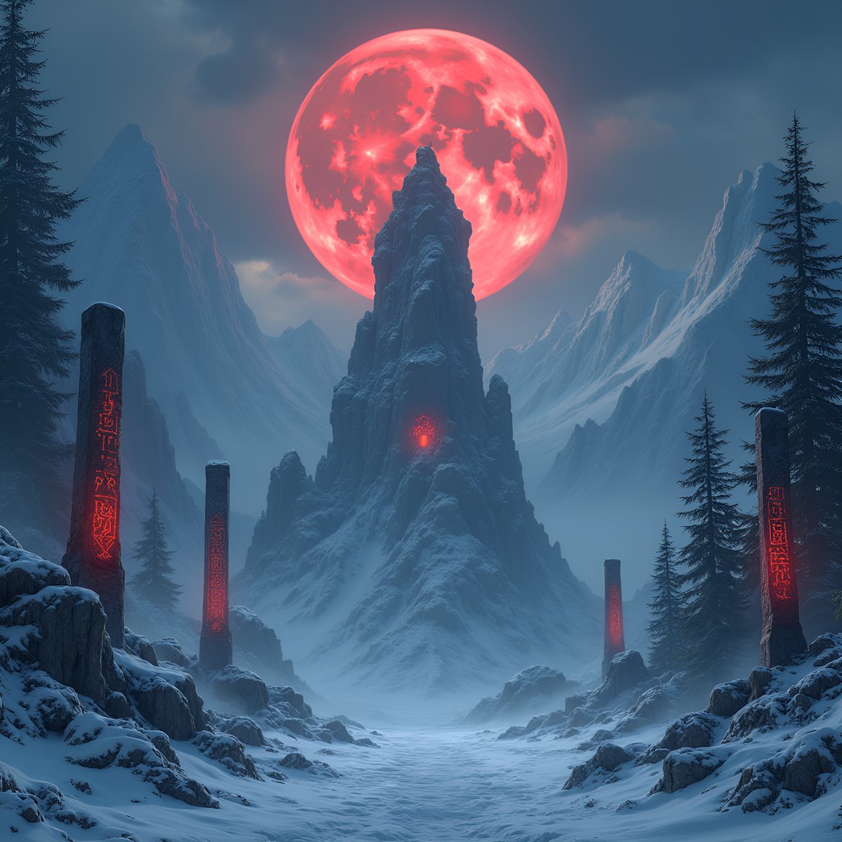 PromptSin's tweet image. Illuminated mountains and mysterious ruins beneath a blood-red moon 🌕✨ #FantasyLand #MoonVibes