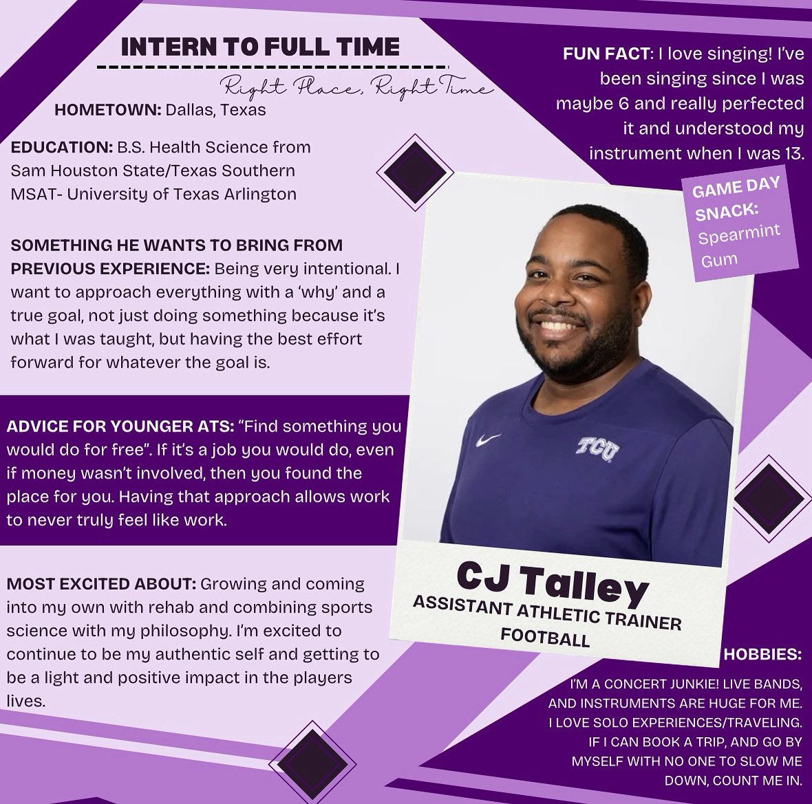 ✨Officially introducing our newest full time staff member, CJ Talley LAT, ATC ✨CJ is an Assistant Athletic Trainer working with our football program and previously an intern for the 24-25 school year! We are so thrilled to have CJ as a part of our staff!