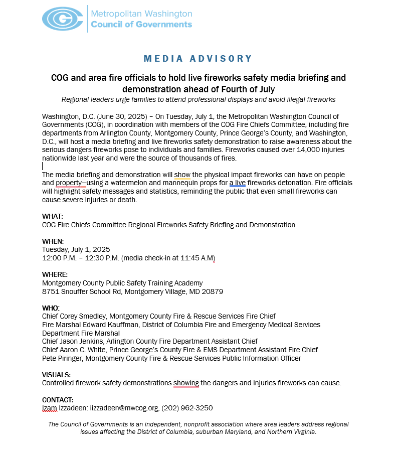 🎆Tomorrow, fire officials from DC, MD, and VA will gather for a media briefing and live demo on fireworks safety to demonstrate the dangers of handling fireworks ahead of this Fourth of July. 

The event will be held at the MoCo Public Safety Training Academy at 11:45 a.m.