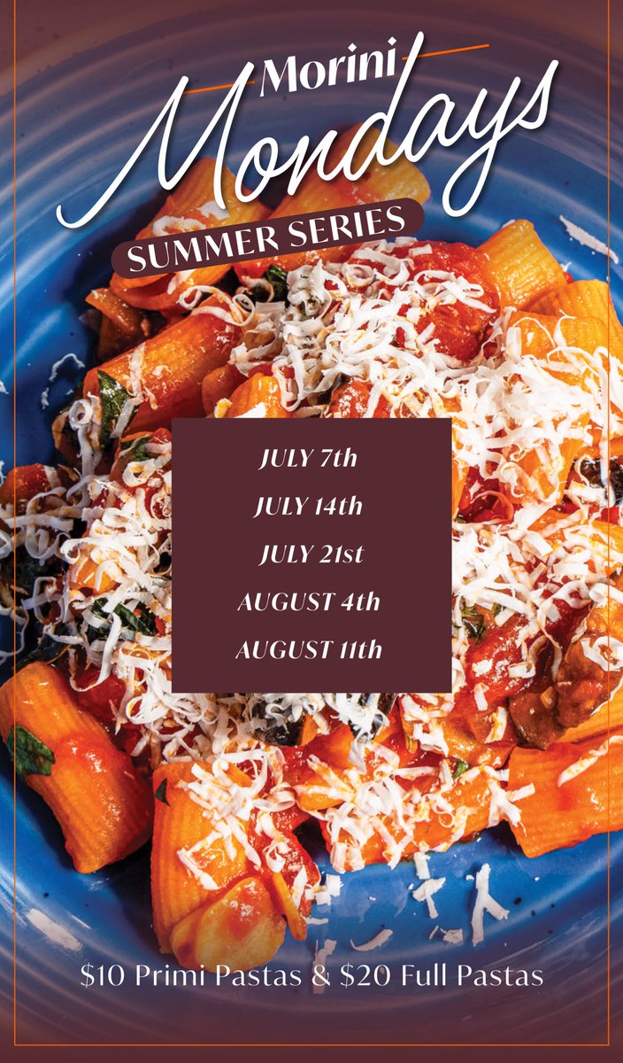 Morini Monday Summer series starting next Monday July 7th! 6 Mondays this summer! $10 Primi size pastas all night! 

Cucina Morini 
901 4th St NW