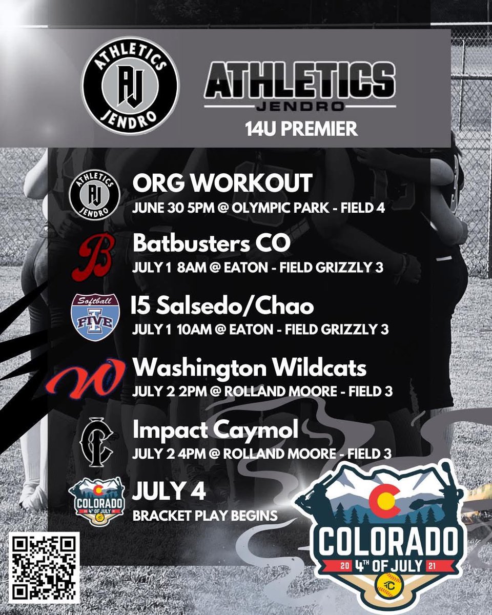 Colorado Sparkler 2025- Athletics Jendro 14u  Premier.   

Come watch me at my organizational workout today, June 30th - 5pm at Olympic Park.  

1st pool play game tomorrow, July 1st - 8am at Eaton Park
